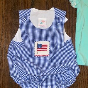 Blue Gingham American Flag Baby Romper & Green Turtles Romper size 6 months